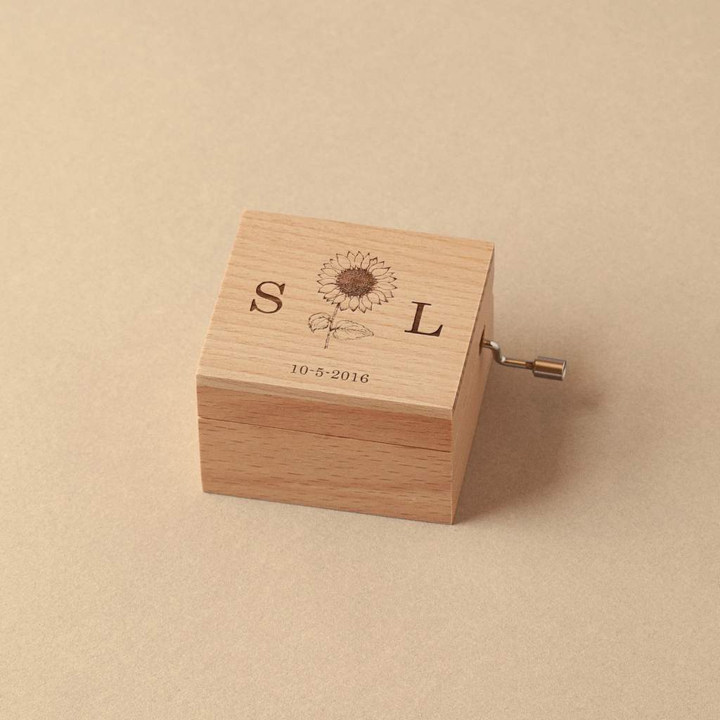 Music box with your initials, date and a sunflower